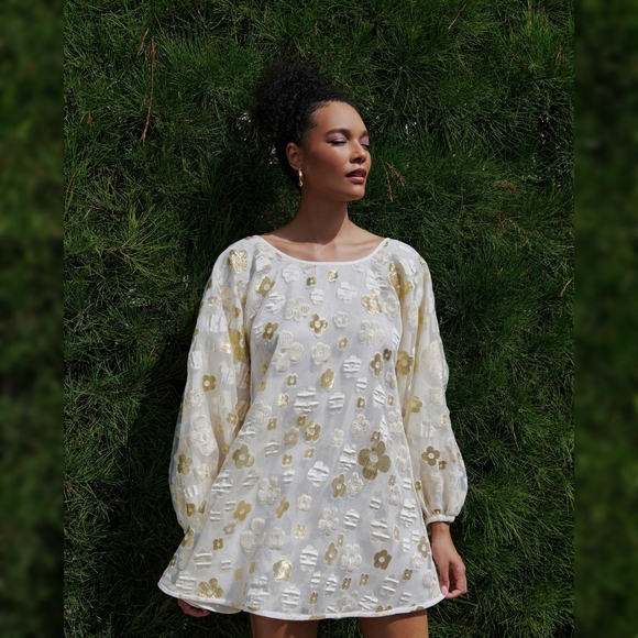 Free People Dresses & Skirts - Free People Arianne Elmy White & Gold Organza Good Luck Dress Women's Size Large